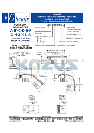 380FS008B18 datasheet - EMI/RFI Non-Environmental Backshell Light-Duty with Strain Relief