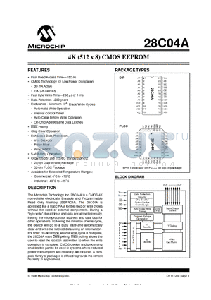 27C04AFT-20IP datasheet - 4K (512 x 8) CMOS EEPROM