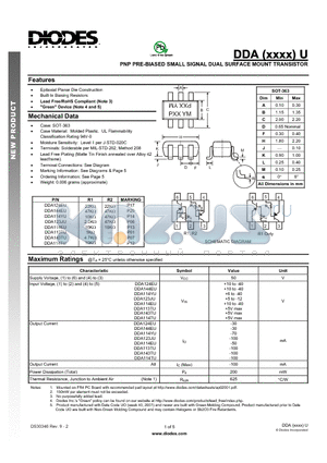 DDA113TU datasheet - PNP PRE-BIASED SMALL SIGNAL DUAL SURFACE MOUNT TRANSISTOR