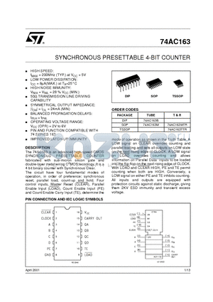 74AC163 datasheet - SYNCHRONOUS PRESETTABLE 4-BIT COUNTER