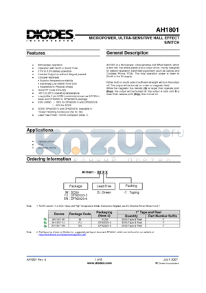 AH1801 datasheet - MICROPOWER, ULTRA-SENSITIVE HALL EFFECT SWITCH