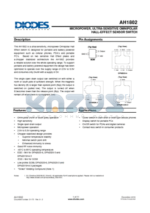 AH1802-FY4G-7 datasheet - MICROPOWER, ULTRA-SENSITIVE OMNIPOLAR