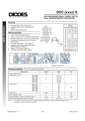 DDA114EK-7 datasheet - NPN PRE-BIASED SMALL SIGNAL SOT-26 DUAL SURFACE MOUNT TRANSISTOR