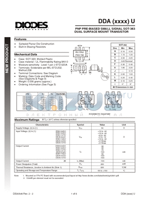 DDA114EU-7 datasheet - PNP PRE-BIASED SMALL SIGNAL SOT-63 DUAL SURFACE MOUNT TRANSISTOR