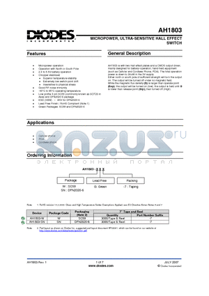 AH1803 datasheet - MICROPOWER, ULTRA-SENSITIVE HALL EFFECT SWITCH