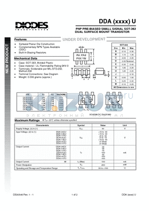 DDA114EU datasheet - PNP PRE-BIASED SMALL SIGNAL SOT-363 DUAL SURFACE MOUNT TRANSISTOR