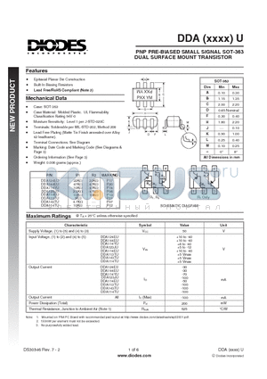 DDA114EU datasheet - PNP PRE-BIASED SMALL SIGNAL SOT-363 DUAL SURFACE MOUNT TRANSISTOR