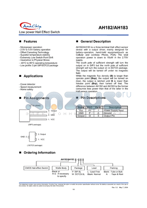 AH182 datasheet - Low power Hall Effect Switch