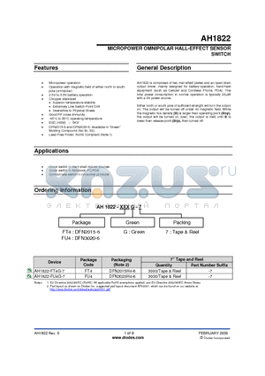 AH1822-FU4G-7 datasheet - MICROPOWER OMNIPOLAR HALL-EFFECT SENSOR