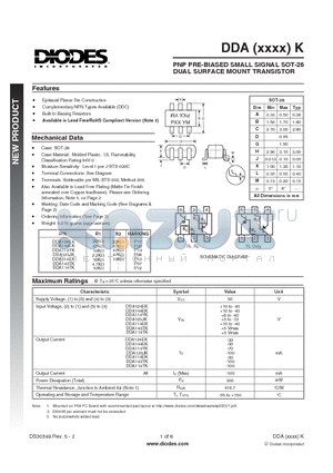 DDA114EK-7 datasheet - PNP PRE-BIASED SMALL SIGNAL SOT-26 DUAL SURFACE MOUNT TRANSISTOR