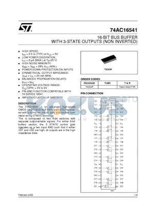 74AC16541TTR datasheet - 16-BIT BUS BUFFER WITH 3-STATE OUTPUTS (NON INVERTED)