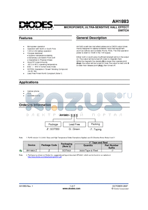 AH1883 datasheet - MICROPOWER, ULTRA-SENSITIVE HALL EFFECT SWITCH