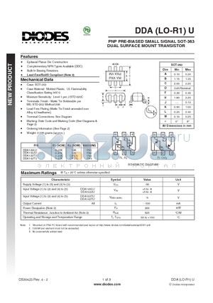 DDA122LU datasheet - PNP PRE-BIASED SMALL SIGNAL SOT-363 DUAL SURFACE MOUNT TRANSISTOR