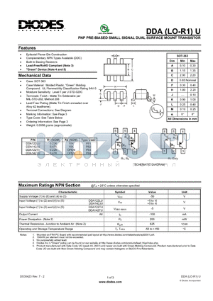 DDA122LU datasheet - PNP PRE-BIASED SMALL SIGNAL DUAL SURFACE MOUNT TRANSISTOR