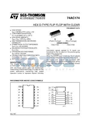74AC174 datasheet - HEX D-TYPE FLIP FLOP WITH CLEAR