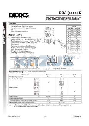 DDA114YK datasheet - PNP PRE-BIASED SMALL SIGNAL SOT-26 DUAL SURFACE MOUNT TRANSISTOR