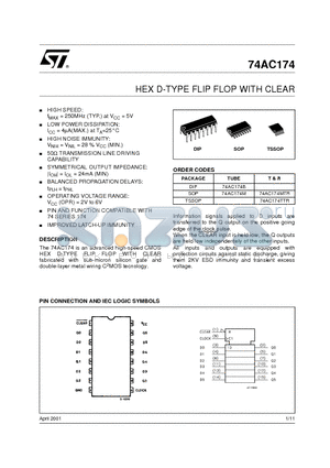 74AC174M datasheet - HEX D-TYPE FLIP FLOP WITH CLEAR