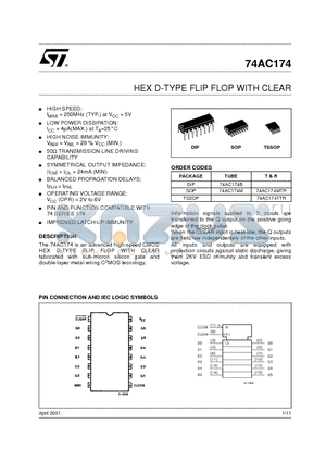 74AC174MTR datasheet - HEX D-TYPE FLIP FLOP WITH CLEAR