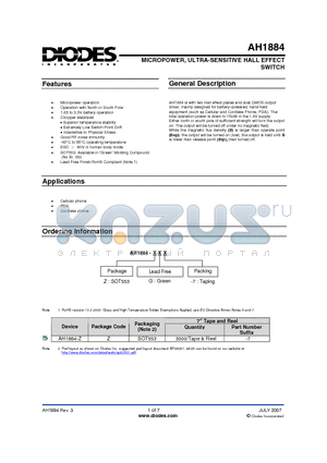 AH1884 datasheet - MICROPOWER, ULTRA-SENSITIVE HALL EFFECT SWITCH