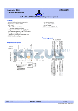 AS7C31025C datasheet - 3.3V 128K X 8 CMOS SRAM (Center power and ground)