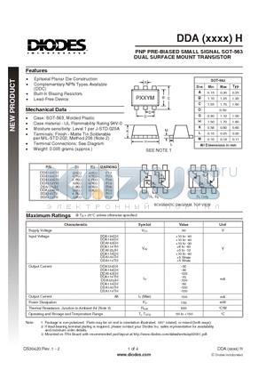 DDA124EH-7 datasheet - PNP PRE-BIASED SMALL SIGNAL SOT-563 DUAL SURFACE MOUNT TRANSISTOR