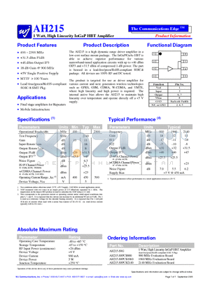 AH215 datasheet - 1 Watt, High Linearity InGaP HBT Amplifier