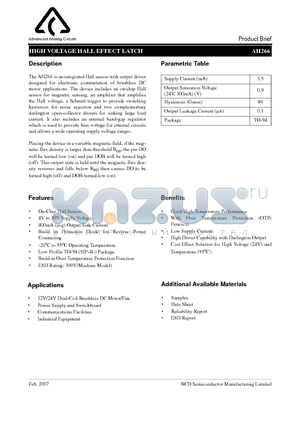 AH266 datasheet - HIGH VOLTAGE HALL EFFECT LATCH