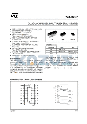 74AC257 datasheet - QUAD 2 CHANNEL MULTIPLEXER 3-STATE