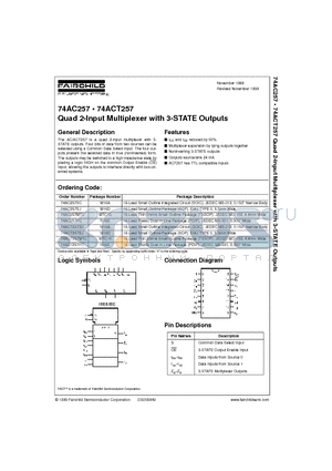 74AC257MTC datasheet - Quad 2-Input Multiplexer with 3-STATE Outputs