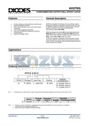 AH276Q-PL-B-B datasheet - COMPLEMENTARY OUTPUT HALL EFFECT LATCH