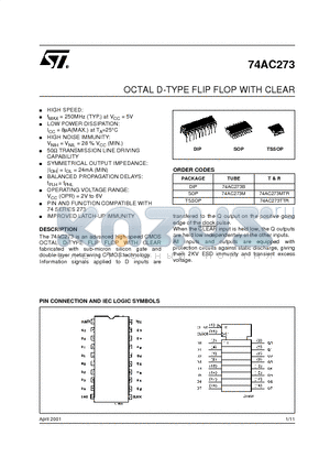 74AC273MTR datasheet - OCTAL D-TYPE FLIP FLOP WITH CLEAR