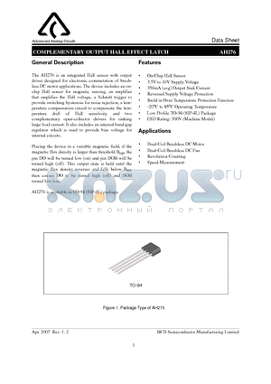 AH276Z4-BE1 datasheet - COMPLEMENTARY OUTPUT HALL EFFECT LATCH