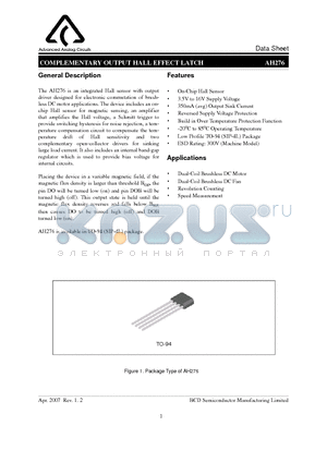 AH276Z4-CE1 datasheet - COMPLEMENTARY OUTPUT HALL EFFECT LATCH