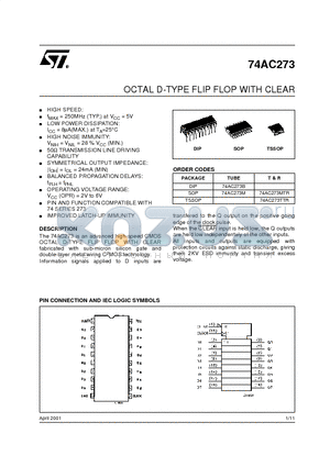 74AC273TTR datasheet - OCTAL D-TYPE FLIP FLOP WITH CLEAR