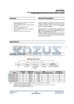 AH276Q-PL-B-C datasheet - COMPLEMENTARY OUTPUT HALL EFFECT LATCH