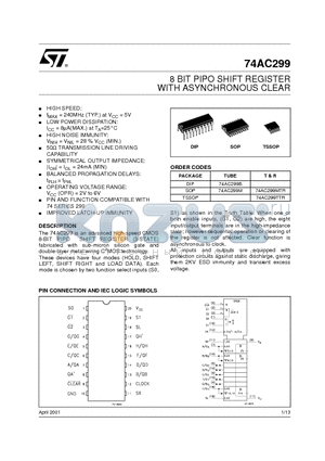 74AC299 datasheet - 8 BIT PIPO SHIFT REGISTER WITH ASYNCHRONOUS CLEAR