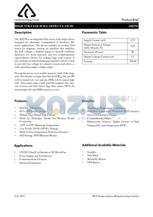 AH278Z4-BE1 datasheet - HIGH VOLTAGE HALL EFFECT LATCH