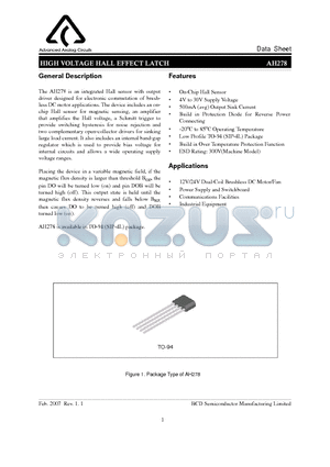 AH278Z4-BE1 datasheet - HIGH VOLTAGE HALL EFFECT LATCH