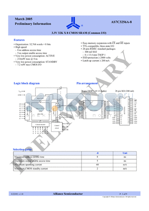 AS7C3256A-8 datasheet - 3.3V 32K X 8 CMOS SRAM (Common I/O)