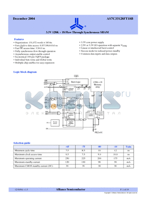 AS7C33128FT18B datasheet - 3.3V 128K x 18 Flow Through Synchronous SRAM