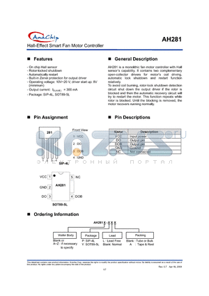 AH281 datasheet - HALL-EFFECT SMART FAN MOTOR CONTROLLER