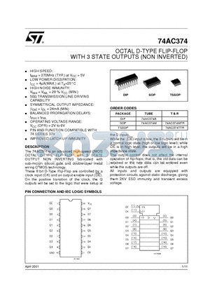 74AC374 datasheet - OCTAL D-TYPE FLIP FLOP WITH 3 STATE OUTPUT NON INVERTING