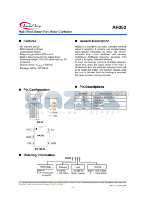 AH282-PA datasheet - HALL-EFFECT SMART FAN MOTOR CONTROLLER