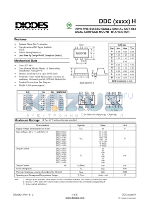 DDC114EH datasheet - NPN PRE-BIASED SMALL SIGNAL SOT-563 DUAL SURFACE MOUNT TRANSISTOR