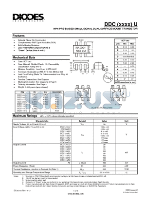 DDC114EU datasheet - NPN PRE-BIASED SMALL SIGNAL DUAL SURFACE MOUNT TRANSISTOR