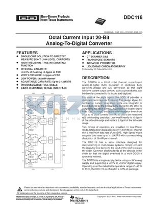 DDC118IRTCR datasheet - Octal Current Input 20-Bit Analog-To-Digital Converter