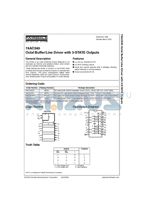 74AC540 datasheet - Octal Buffer/Line Driver with 3-STATE Outputs