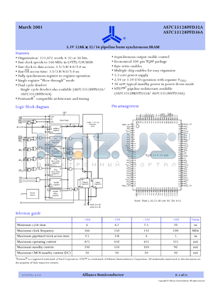 AS7C33128PFD32A-133TQC datasheet - 3.3V 128K X 32/36 pipeline burst synchronous SRAM