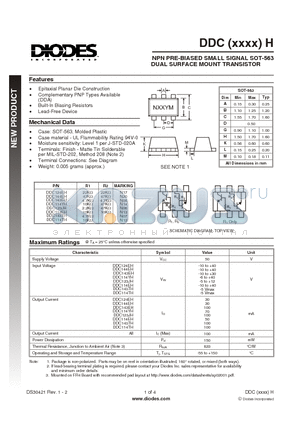 DDC124EH-7 datasheet - NPN PRE-BIASED SMALL SIGNAL SOT-563 DUAL SURFACE MOUNT TRANSISTOR