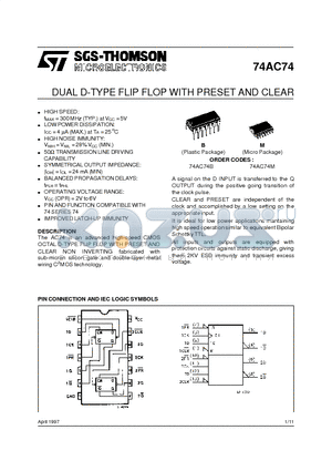 74AC74M datasheet - DUAL D-TYPE FLIP FLOP WITH PRESET AND CLEAR